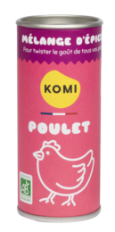 Chicken spice mix in a can, featuring a colorful label with the brand name "Komi Poulet". The spice mix appears to be a vibrant orange-yellow color, likely containing a blend of spices and herbs commonly used in chicken dishes.