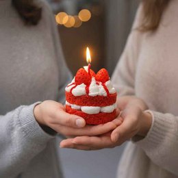 LAVURI® RED Velvet Strawberry cake with whipped cream and fruit as a topping on a red, fluffy cake base – a gourmet dessert candle made from 100% soy wax