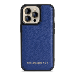 Blue leather iPhone 13 Pro MagSafe case with a white circular charging pad.