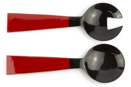 Large black horn cutlery with wooden red lacquered triangular handle