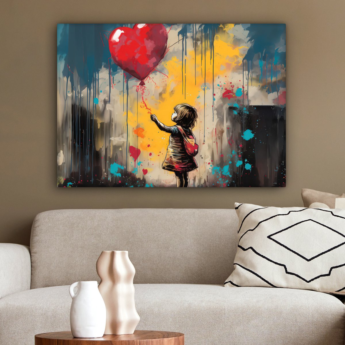 Canvas schilderij  - Wanddecoratie Meisje - Ballon - Hart - Graffiti - Muurdecoratie woonkamer - Slaapkamer decoratie - Kamer accessoires - Schilderijen op canvas