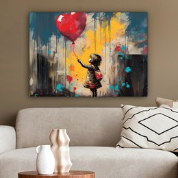 Canvas schilderij  - Wanddecoratie Meisje - Ballon - Hart - Graffiti - Muurdecoratie woonkamer - Slaapkamer decoratie - Kamer accessoires - Schilderijen op canvas
