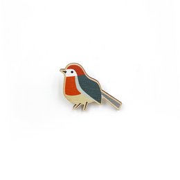 Wooden pin in the shape of a robin, a small songbird with a distinctive red breast. The pin features a detailed design with black, gray, and orange colors, capturing the bird's natural appearance.