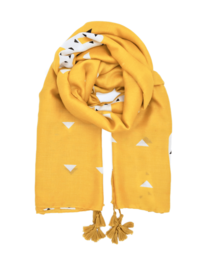 Soft, oversized viscose pareo scarf in a vibrant yellow color, featuring a playful cactus pattern and tasseled edges. Ideal for adding a touch of boho-chic style to any outfit.