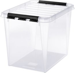 A clear, plastic storage box with a white lid. The box is labeled as a "Classic 50 Opbergbox 52 liter" and is categorized as a Storage Box. The image also includes icons indicating the box is BPA-free, has a 10-year guarantee, and can withstand temperatures from -40 to +100 degrees Celsius.