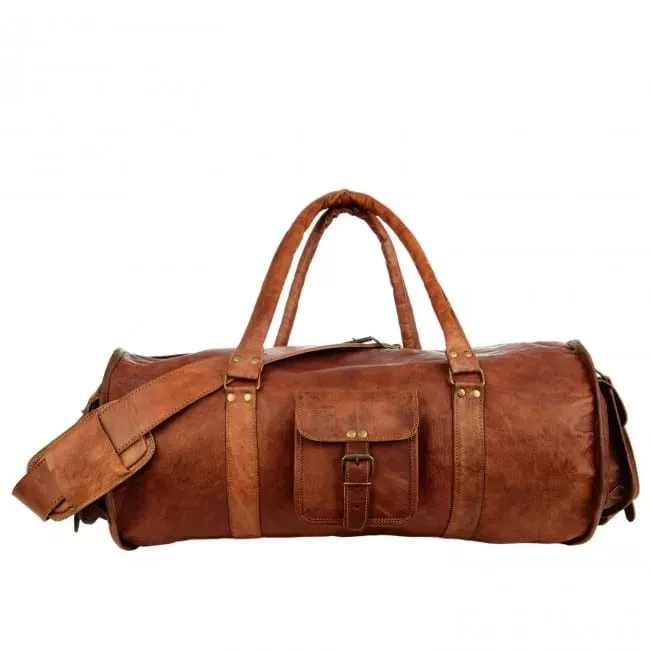 Håndlavet marokkansk læder "Grand Voyager" Duffle – 28" (71 cm) Ekstra stor buet rejsetaske med tredobbelte udvendige lommer