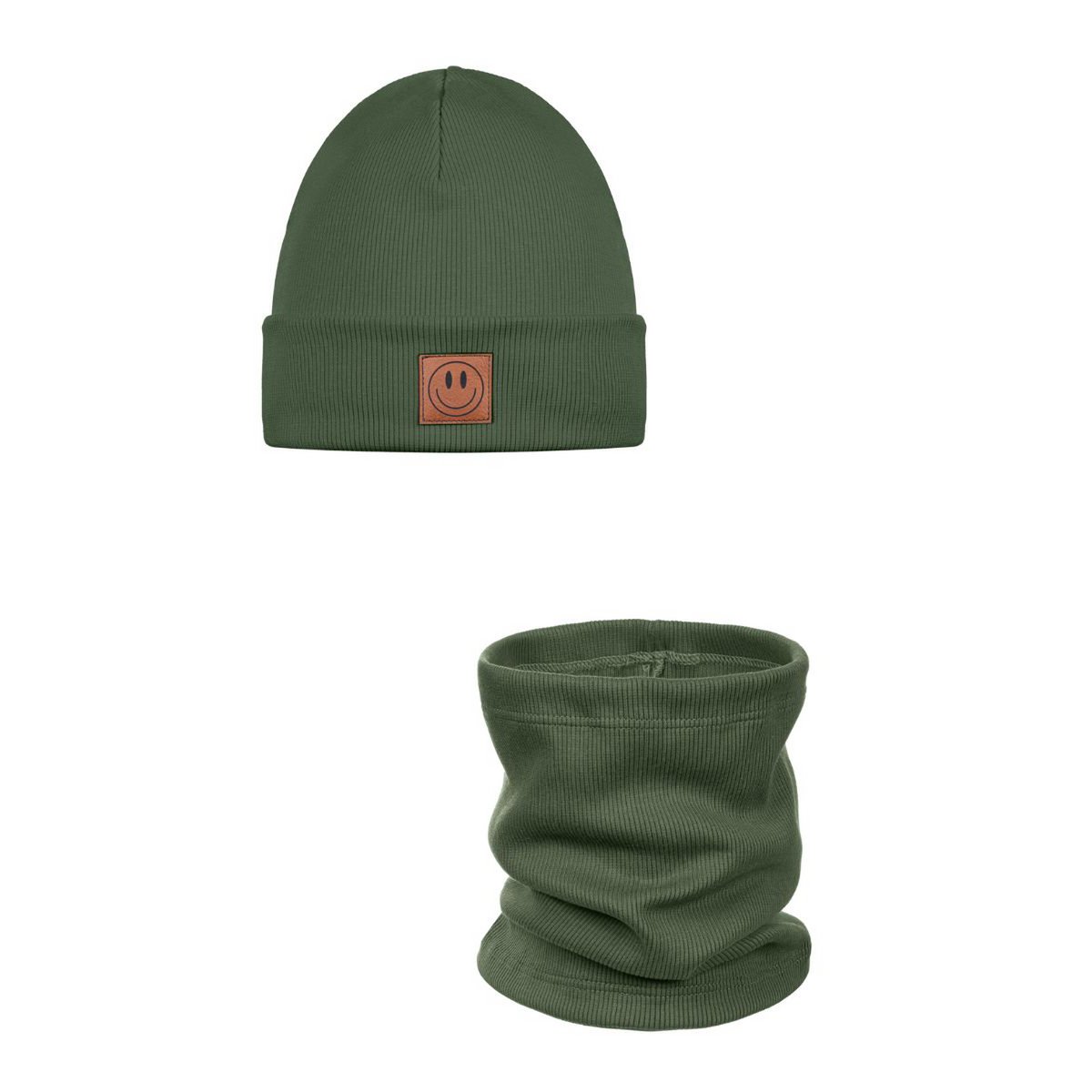 Komplet czapka i komin SMILE - bawełna - khaki