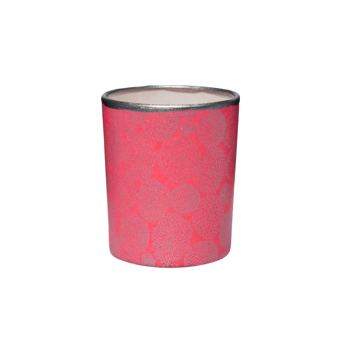 Handgemachter Teelichthalter aus Glas & Chiyogami Papier | Silver chrysanthemum  / Fuchsia * silver rim | Tischdeko