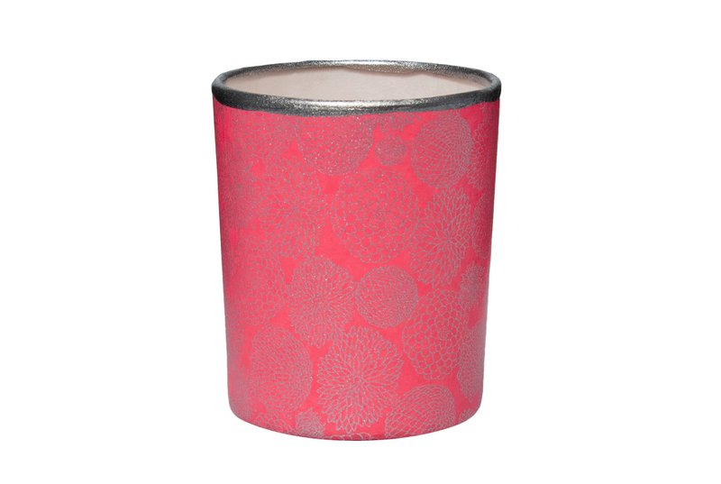 Handgemachter Teelichthalter aus Glas & Chiyogami Papier | Silver chrysanthemum  / Fuchsia * silver rim | Tischdeko