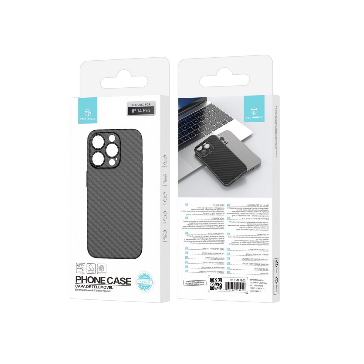 Techancy Capa Para Telemóvel Ultra Fina Em Fibra De Carbono KX5603, Compatível Com Iphone 15, Material Pp De 0,5 Mm.