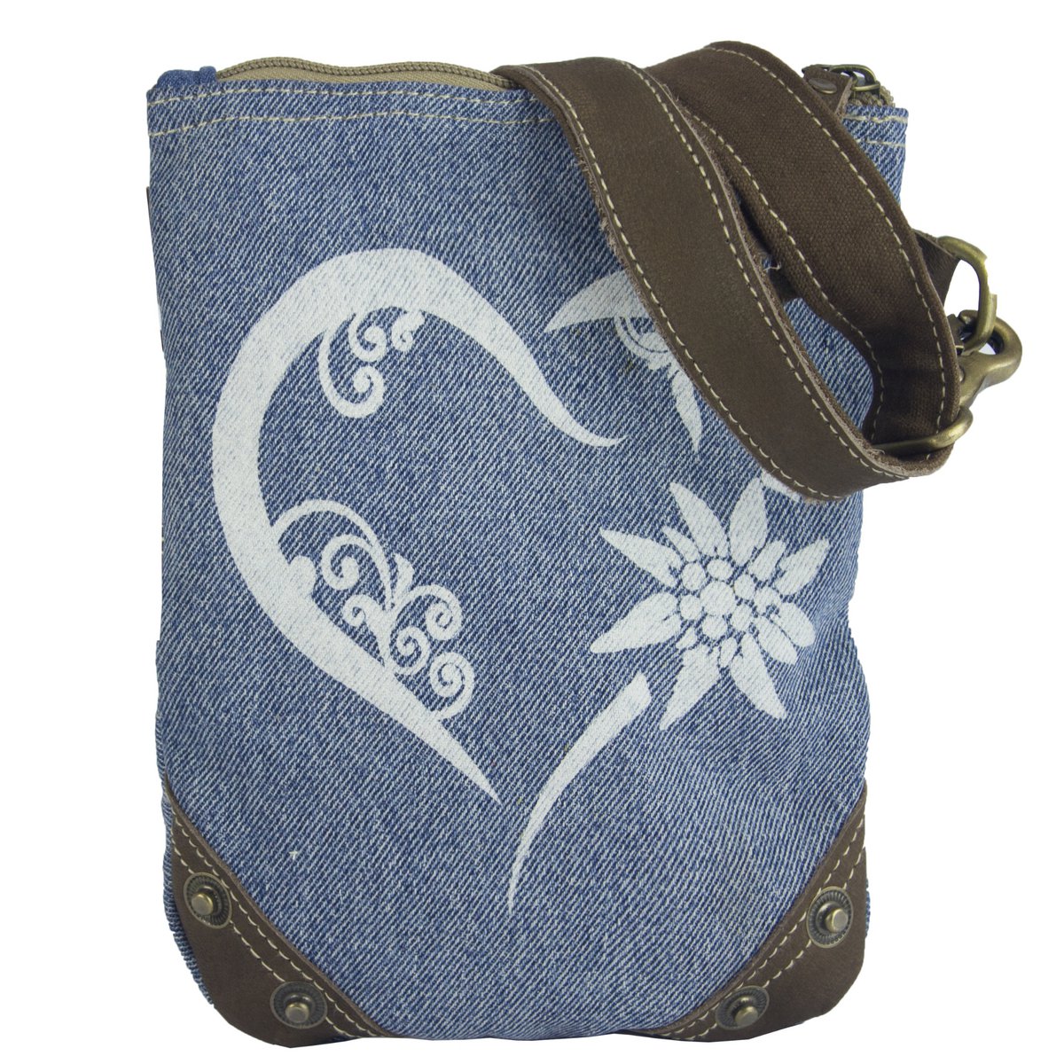 Domelo traditionele tas dames schoudertas. Dirndl schoudertas gemaakt van upcycled jeans en canvas en leer. Handtas in traditionele stijl met hartjesprint. Crossbodytas voor dames als Oktoberfest-accessoire.