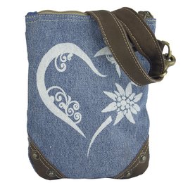 Domelo traditionele tas dames schoudertas. Dirndl schoudertas gemaakt van upcycled jeans en canvas en leer. Handtas in traditionele stijl met hartjesprint. Crossbodytas voor dames als Oktoberfest-accessoire.