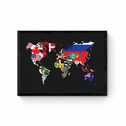 World map poster with country flags, available in various sizes and framing options. Colorful and detailed world map design suitable for home or office decor.