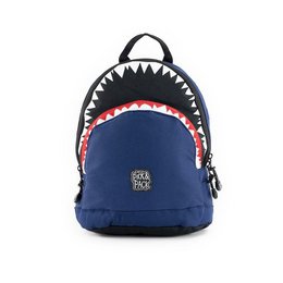  Navy blue backpack with a shark design, featuring a large shark mouth graphic and red accents. Suitable for boys and girls in kindergarten, with a 7 litre capacity.