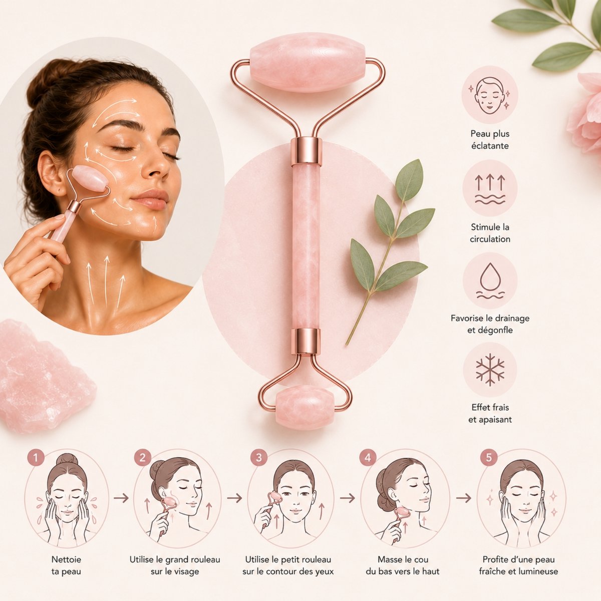 Juego de 11+1 masajeadores de rodillos faciales de cuarzo rosa gratis