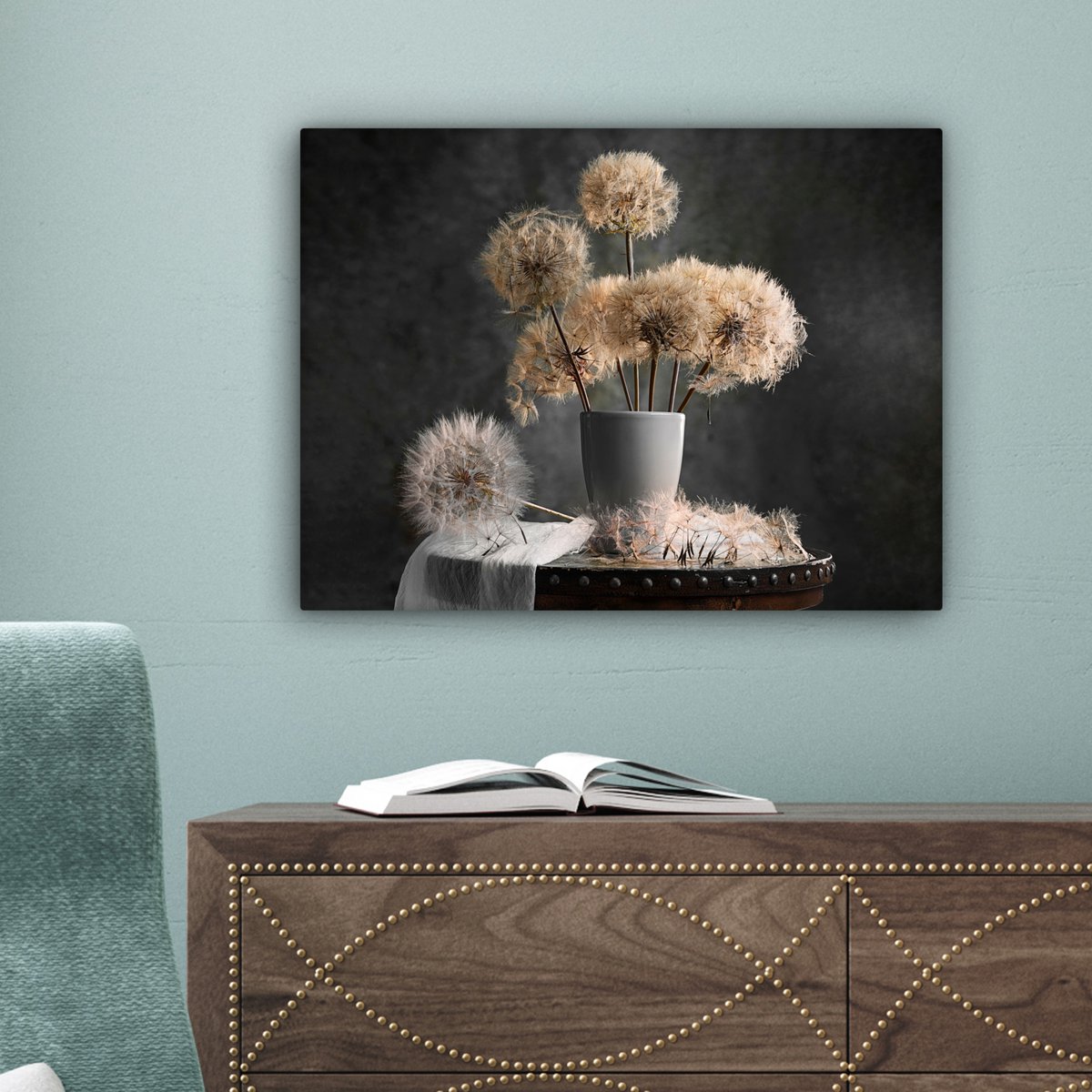 Leinwand Malerei - Wanddekoration - Blumensamen - Löwenzahn - Vase - Stillleben - Bouquet