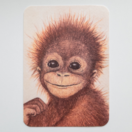 A postcard featuring a cute baby orangutan with large eyes and fuzzy orange fur. The postcard is blank, allowing for a personalized message.