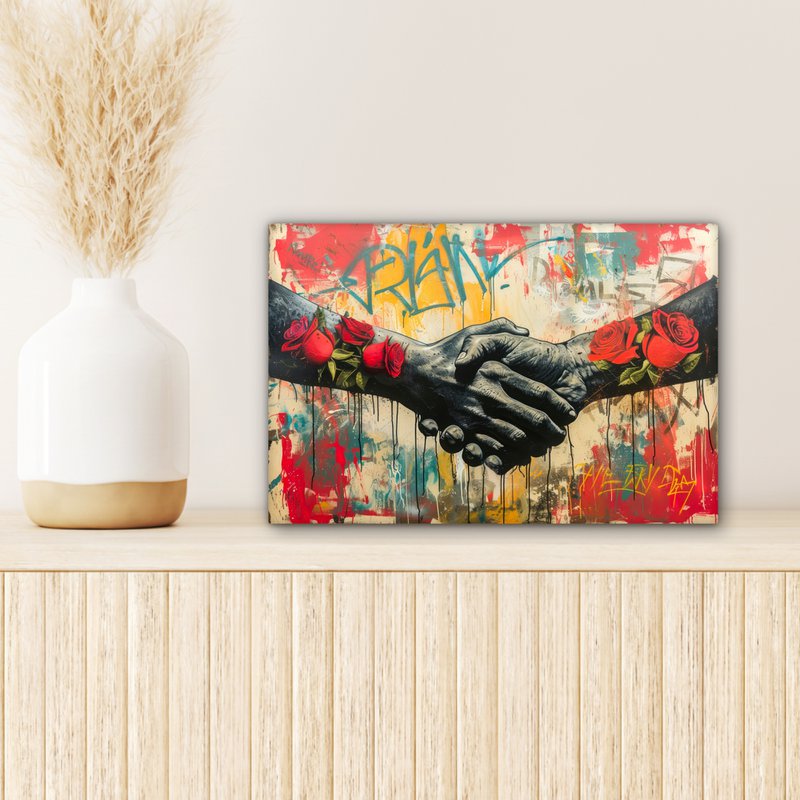 Canvas schilderij - Wanddecoratie Graffiti - Rozen - Handen - Street art - Muurdecoratie woonkamer - Slaapkamer decoratie - Kamer accessoires - Schilderijen op canvas