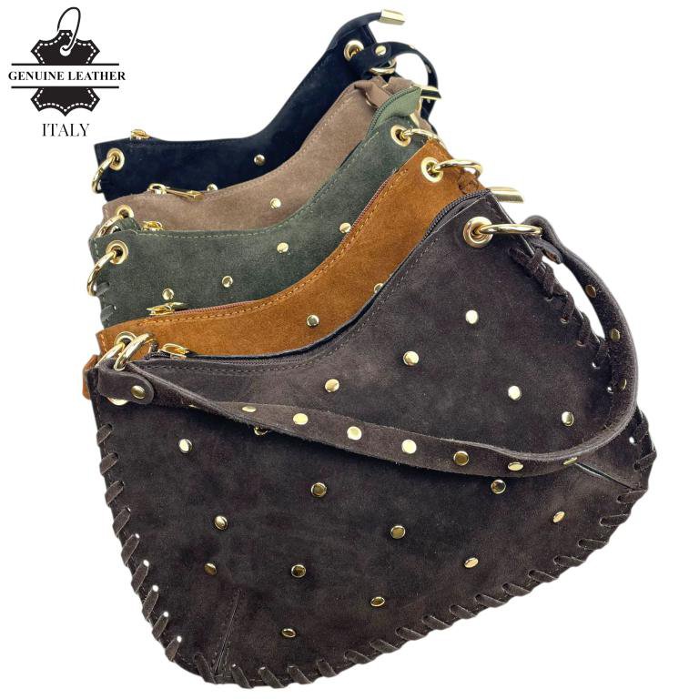Borsa a Mano Semitonda in Crosta di Pelle con Borchie 58030