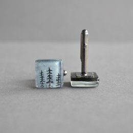 Cuff links with pine trees, Unique gift for men