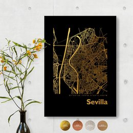 Stylish wall art featuring a map of Seville in various color options and sizes, perfect for home decor.
