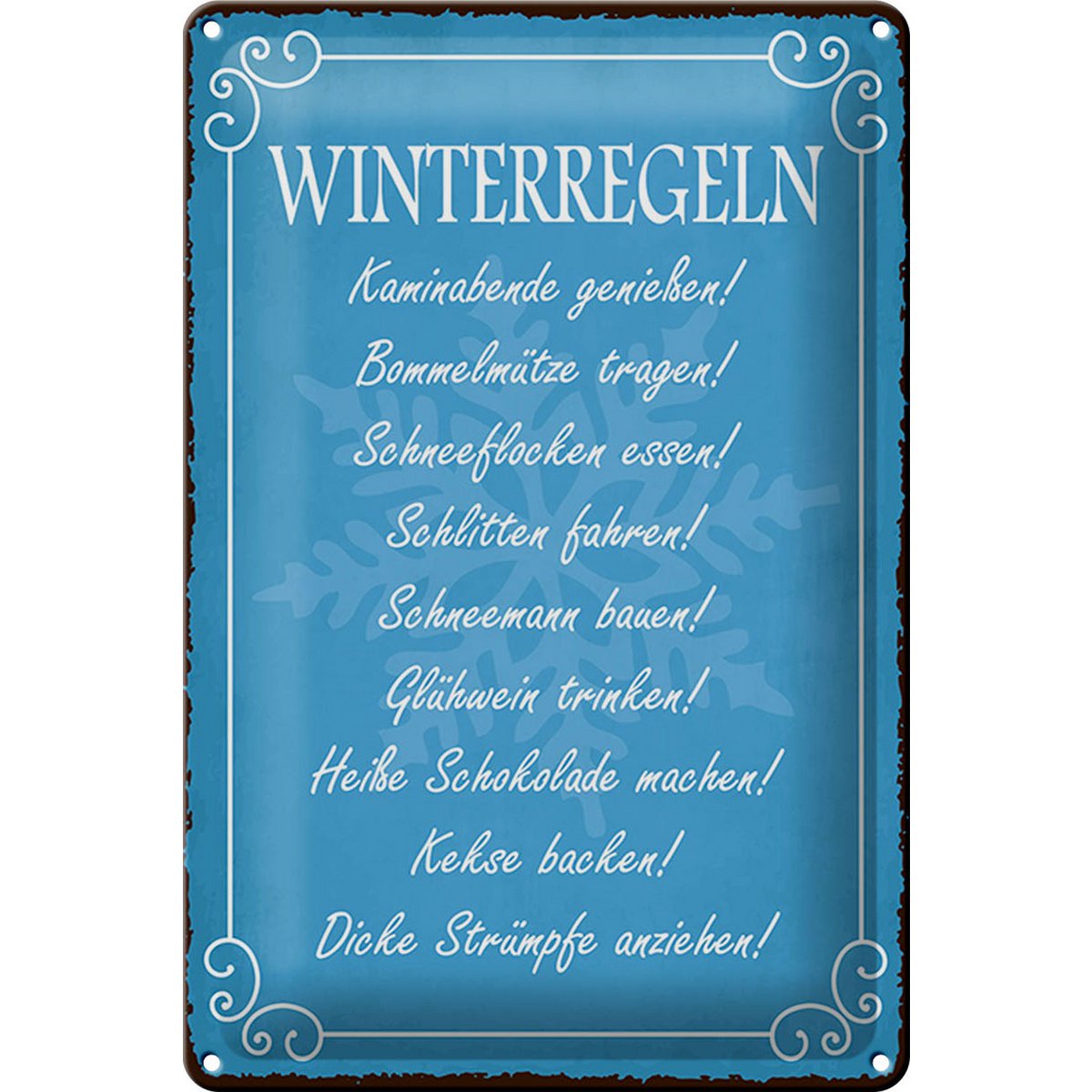 Blikken bord met de tekst 20x30cm Winterregel open haardavonden glühwein