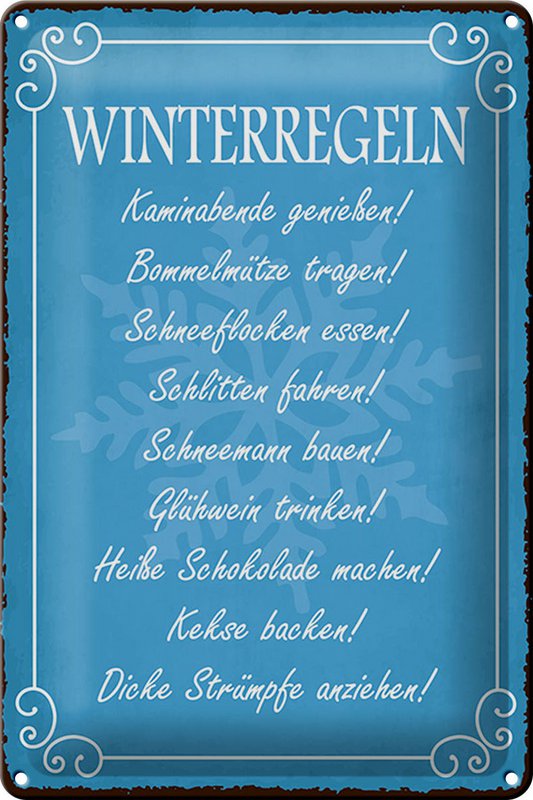 Cartel de chapa que dice 20x30cm Regla de invierno noches de chimenea vino caliente