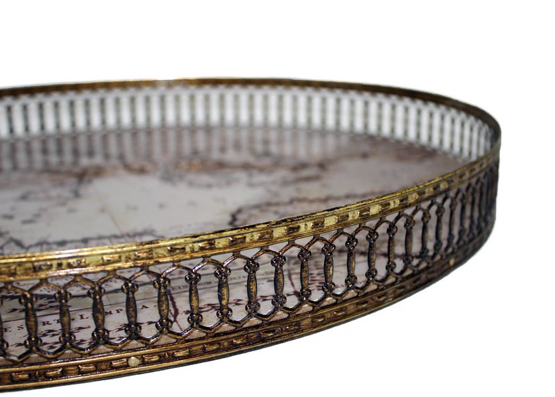 Signature tray oval antique world map edge grid gold