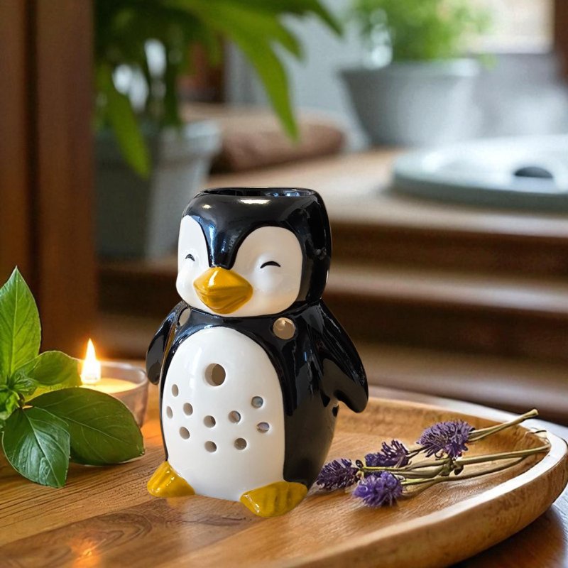 Brændt-parfum pingvin i håndmalet keramisk-diffuser essentielle olier, parfume eller voks-12,5 cm-kokooning vinter atmosfære-original velvære dekoration
