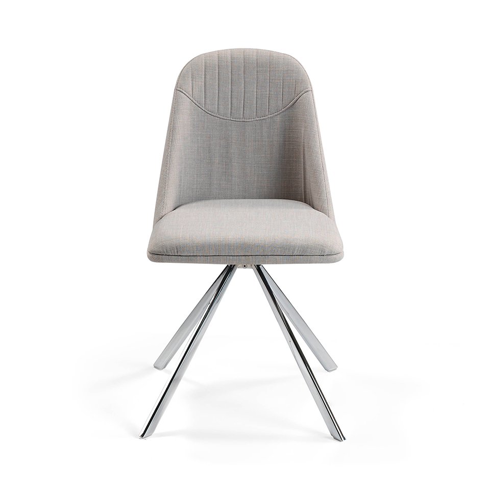 Swivel chair upholstered in fabric with chromed steel legs