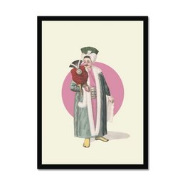 A framed wall art print depicting a man in a green outfit holding a red rose. The image has a pink circular background.