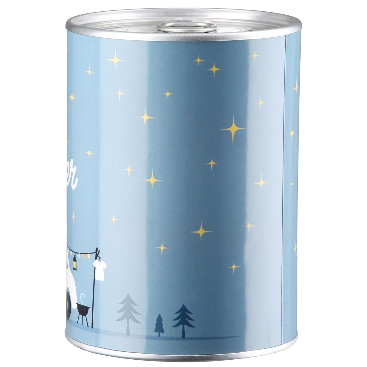 Spardose, zylindrisch, "Camperglück", Spruch, Wohnmobilmotiv, Metall, blau, VE 18, H. 12 cm, D. 8.5 cm