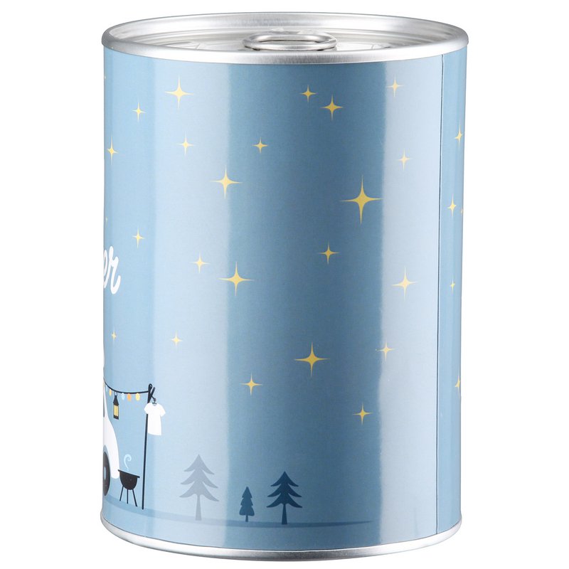 Spardose, zylindrisch, "Camperglück", Spruch, Wohnmobilmotiv, Metall, blau, VE 18, H. 12 cm, D. 8.5 cm