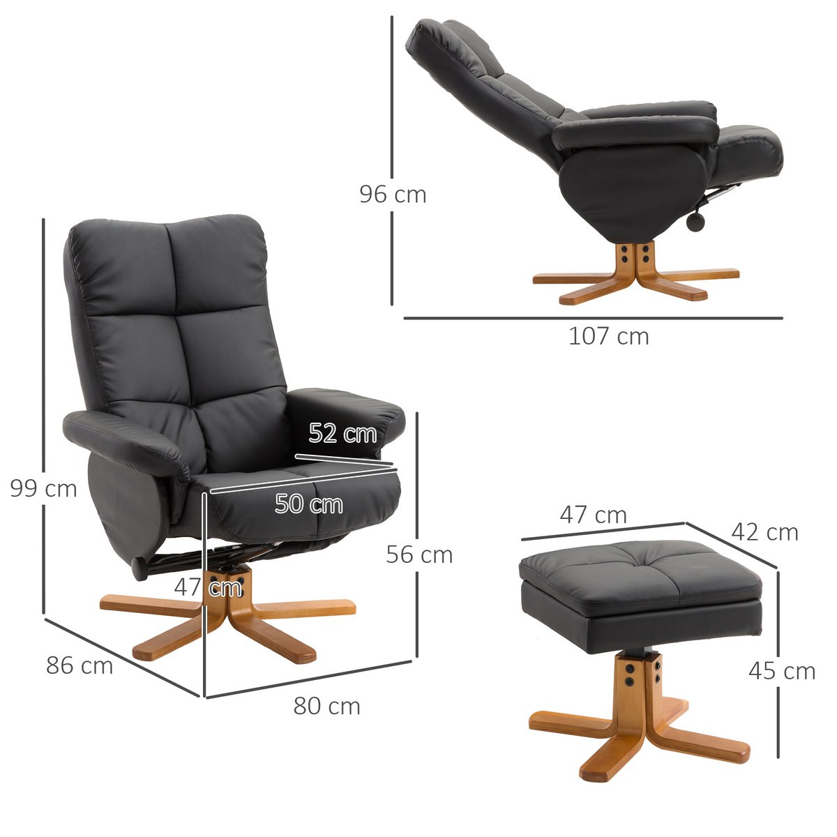 Relaxation chair with stool, 360° rotating TV chair with reclining function, reading chair for bedroom, living room, faux leather, brown