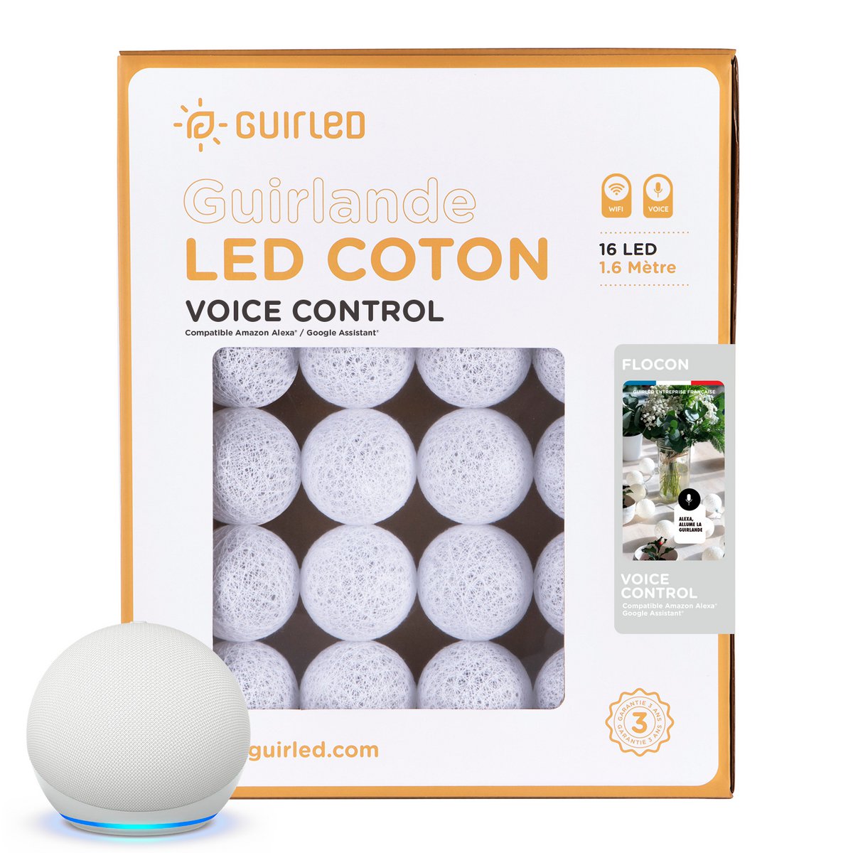 Flocon Commande Vocale Guirlande lumineuse boules coton Google & Alexa
