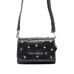 A black shoulder bag with a star pattern and the text "Melli Mello" printed on it. The bag has a long strap for carrying over the shoulder.