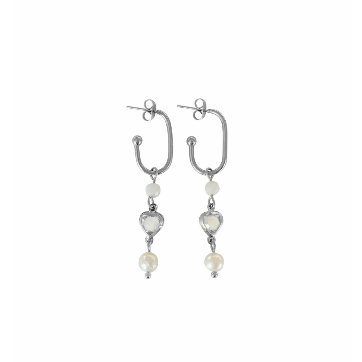 Pendientes de corazón de cristal, piedra lunar y perlas - plata