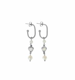 Crystal heart, moonstone and pearl earrings - silver