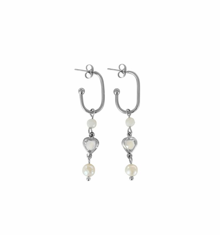 Pendientes de corazón de cristal, piedra lunar y perlas - plata