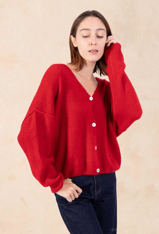 Dame cardigan - Premium kvalitet - Blød strik dyb V-hals med knapper - ALPACA/ULD - 23050