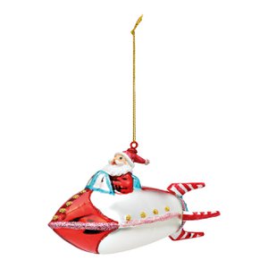 Christmas hanger Santa Claus on a rocket made of glass, red/white (W/H/D) 14x8x5cm
