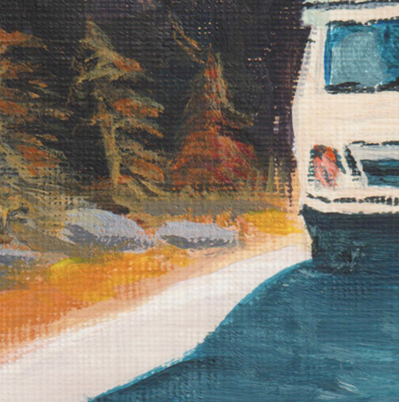 Roadtrip – A5 kunstplakat af originalt akrylmaleri med autocamper og bjerge