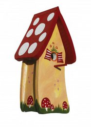Wooden bird villa nesting box with red mushroom roof, forest house design, natural wood material, decorative bird house.