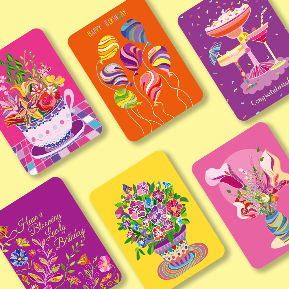 Bunte Blumentopf-Postkarte