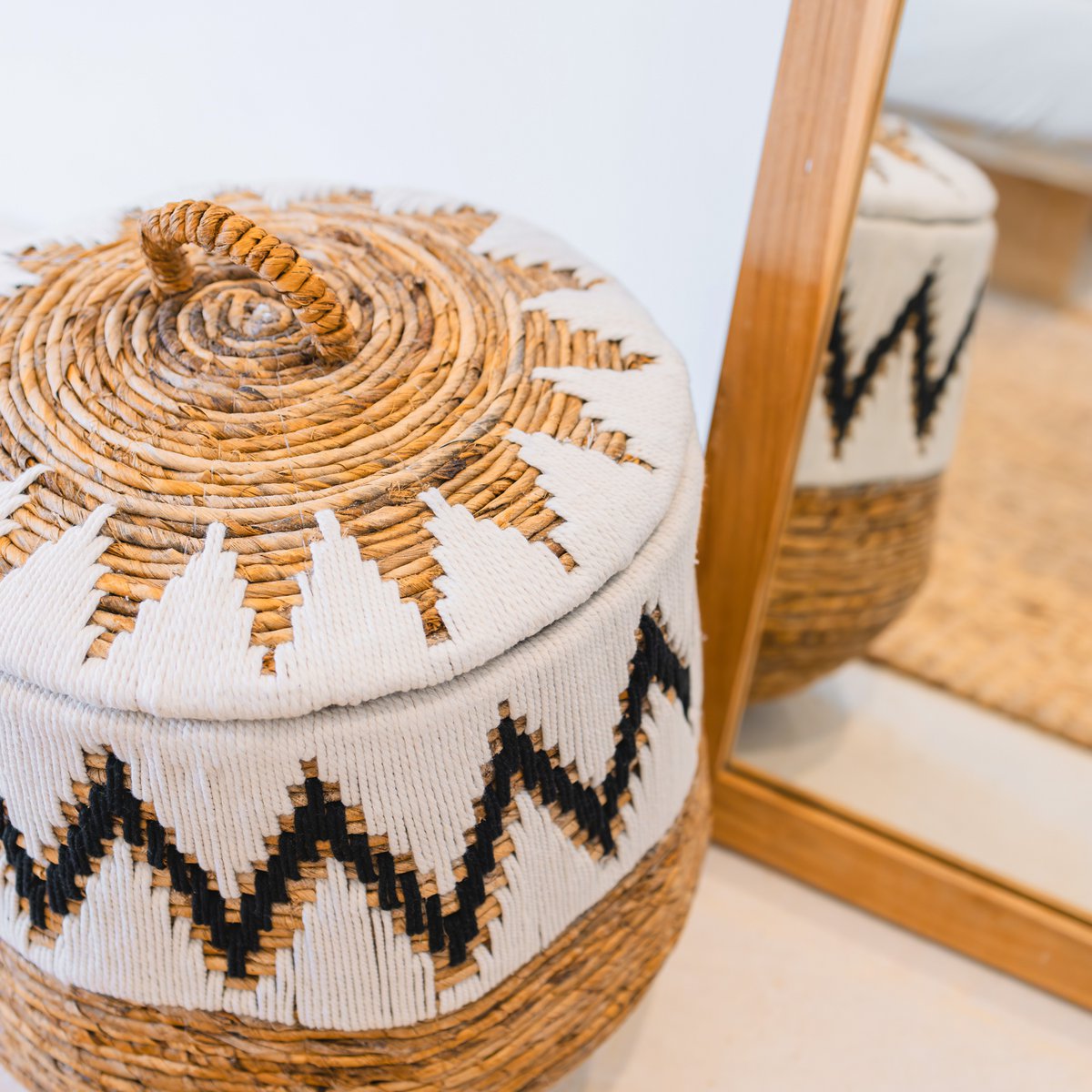 Vasketøjskurv med låg – Boho vasketøjskurv rund – Stor Boho kurv – Vævet kurv med bomuldsmønster PALEM (3 størrelser Ø33/43/55cm)