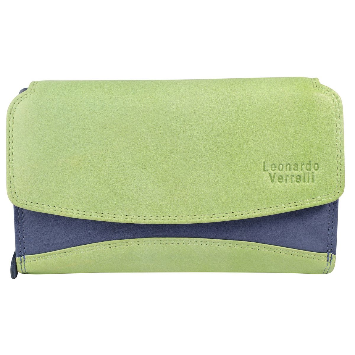 Leonardo Verrelli, damesportemonnee van echt leer, RFID, liggend formaat, donkerblauw/groen