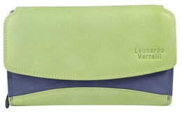 Leonardo Verrelli, damesportemonnee van echt leer, RFID, liggend formaat, donkerblauw/groen