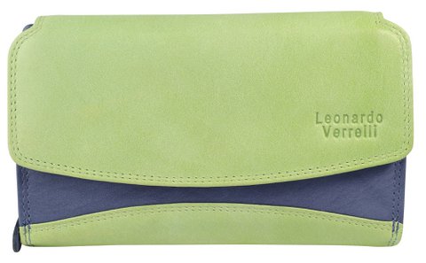 Leonardo Verrelli, damesportemonnee van echt leer, RFID, liggend formaat, donkerblauw/groen