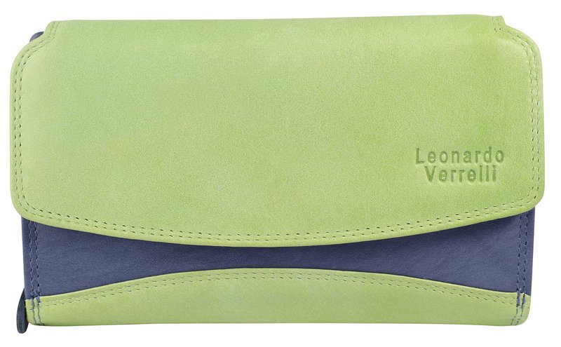 Leonardo Verrelli, damesportemonnee van echt leer, RFID, liggend formaat, donkerblauw/groen