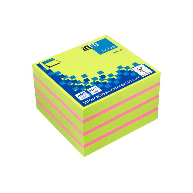 Info-Notizen, 75 x 75 mm, sortierter Block mit 450 Blatt fluoreszierender Farben